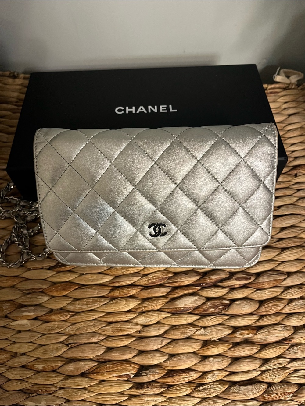 CHANEL Quilted Metallic Silver Wallet on chain